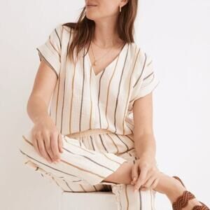 Madewell Lightspun Westing Shirt in Stripe Ivory Tan Short Sleeve Med